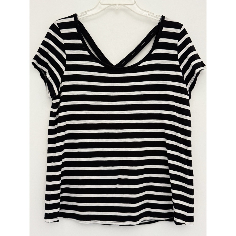 WHBM Top Womens L Black/White Strips Schoop Neck S/Sleeve Racerback Nautical